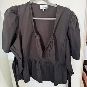 Ganni Black V-Neck Peplum Puff Sleeve Top